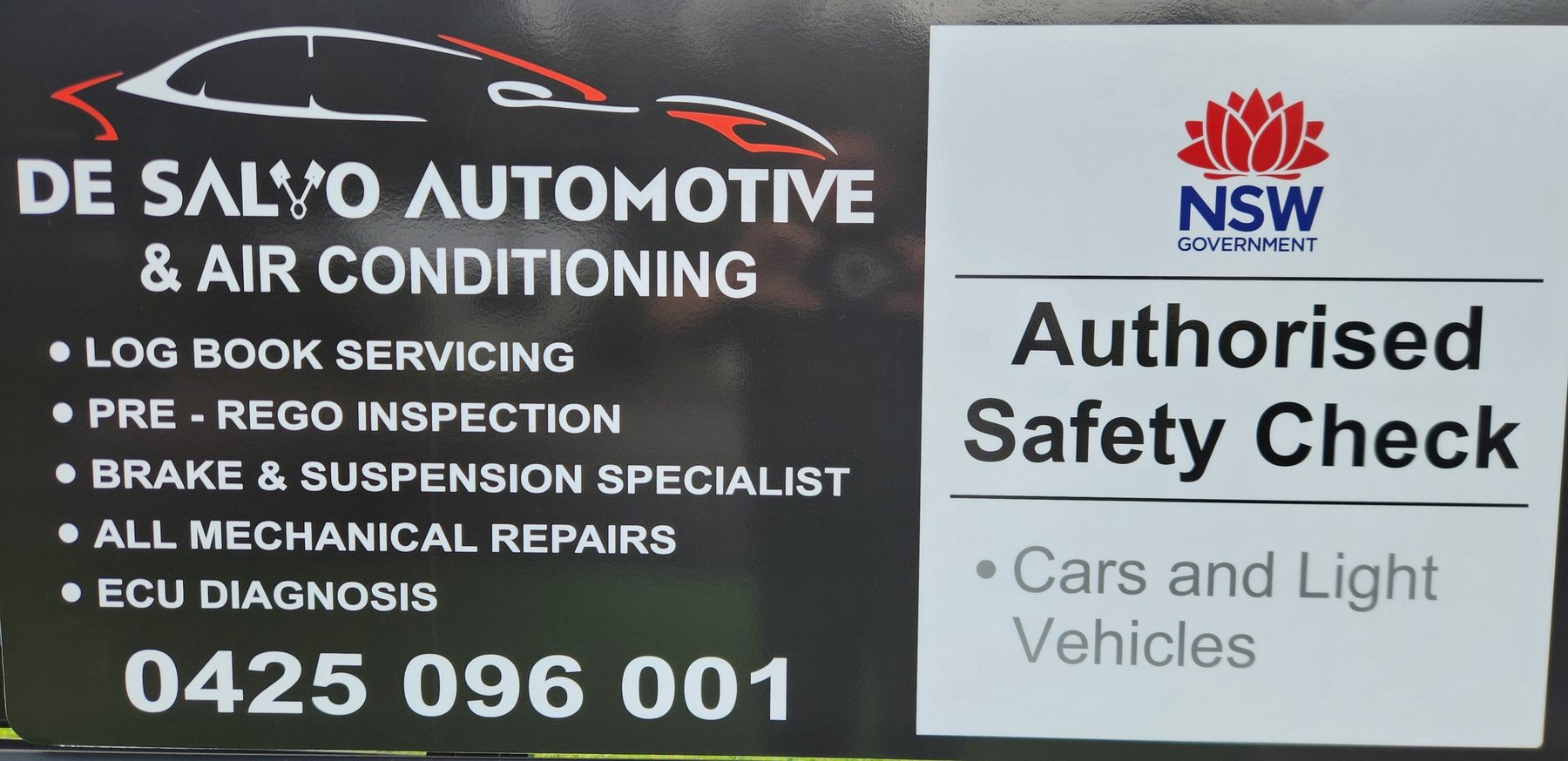 De Salvo Automotive sign listing services beside the NSW Government Authorised Safety Check panel